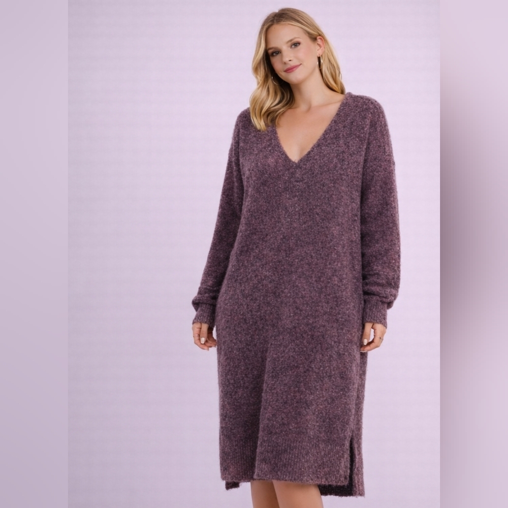 💜 POL Wool Blend “Violet Wood” Textured Knit Sweater Dress • V-Neck • NWOT